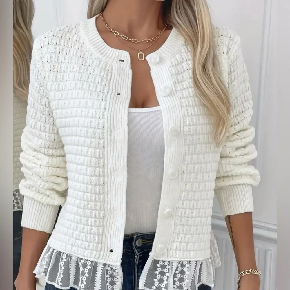 Elegant White Knit Sweater with Lace Trim